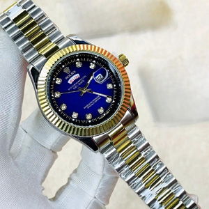 Rolex  Premium Quality  day and date Two-Tone Silver & Gold Chain with Royal Blue Dial smart watch