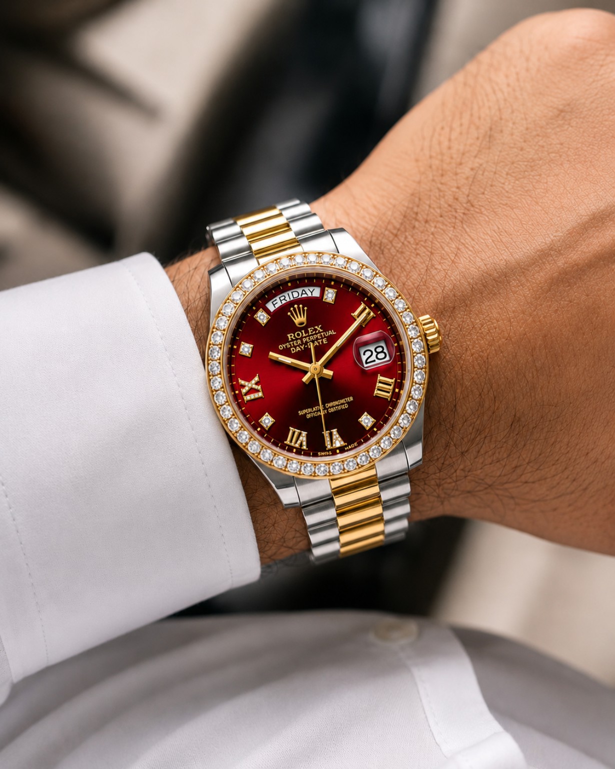 Rolex premium quality  Day-Date Red Dial Diamond Bezel Two-Tone Watch