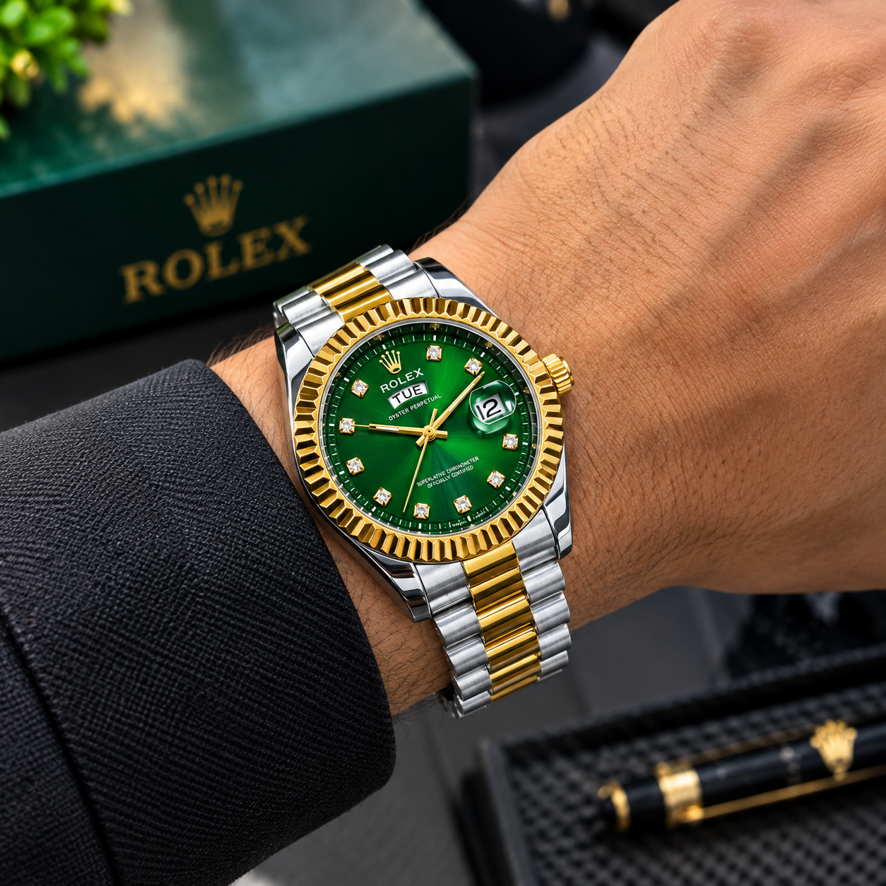Rolex premium quality  Day-Date Gold & Silver Green Dial Watch