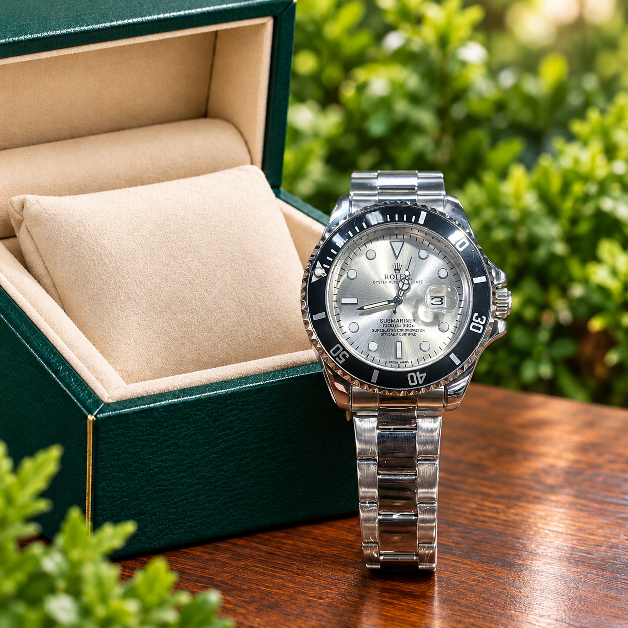 Rolex Submarine  Day-Date   Silver Dial, Black Rotating Bezel & Silver Stainless Steel Bracelet mens smart watch