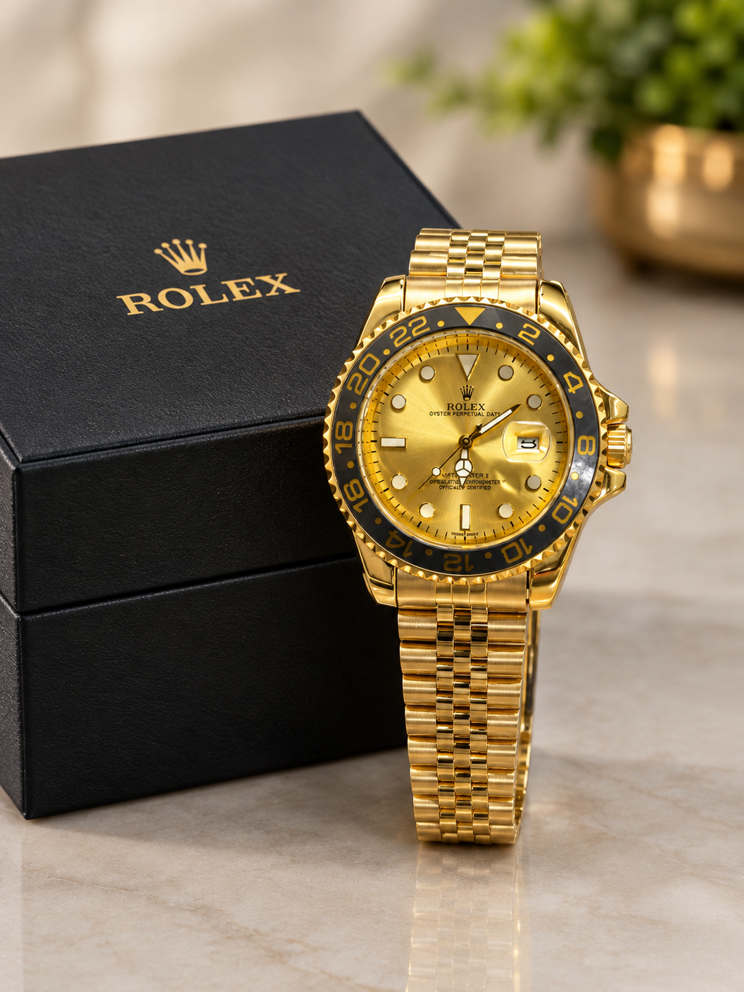 Rolex GMT Master  Style Watch – Gold Dial, Black-Gold Bezel, Full Gold Bracelet mens smart watch